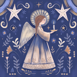 Christmas Angel eCard by Scottish artist Dale Simpson, featuring a beautiful were angel, holding a candle