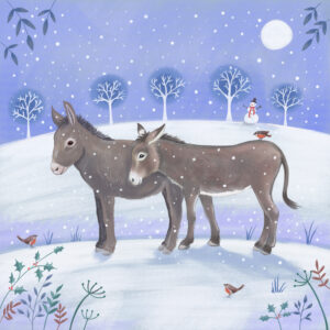 Christmas Donkeys ecard An illustrated Christmas eCard showing two donkeys together in a snowy moonlit landscape, surrounded by robins, winter trees, holly and a little snowman.